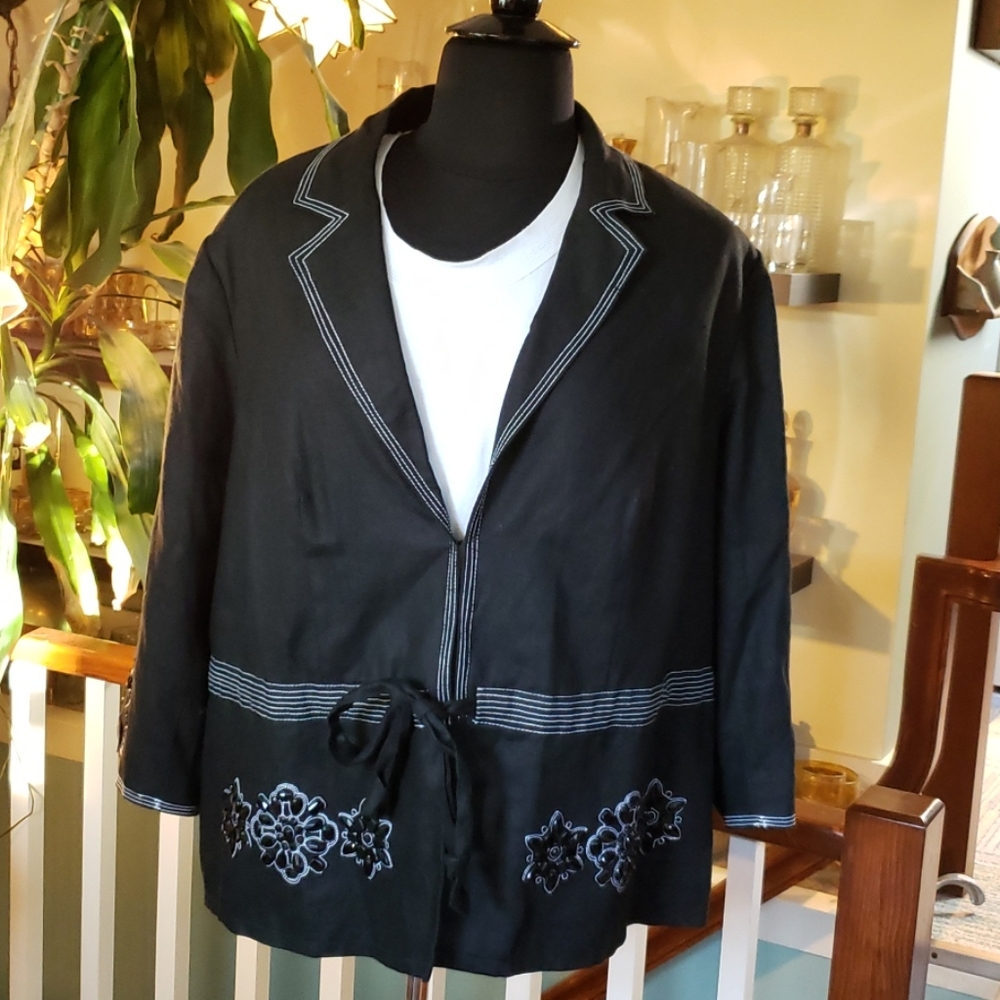 JM Collection Womens Black Beaded And Topstitched Linen Blazer